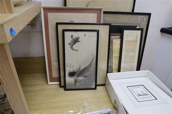 A collection of five Chinese prints, a Victorian sampler etc
